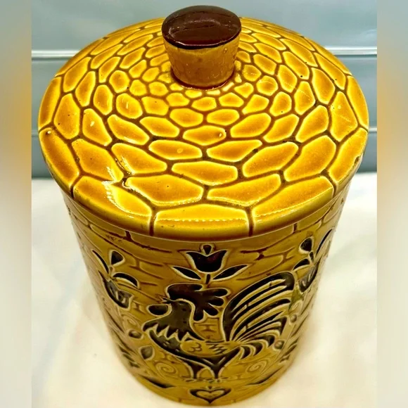 Vintage Royal Sealy Japan Rooster Brown Large Canister Covered.  9.5” tall - Picture 2 of 6
